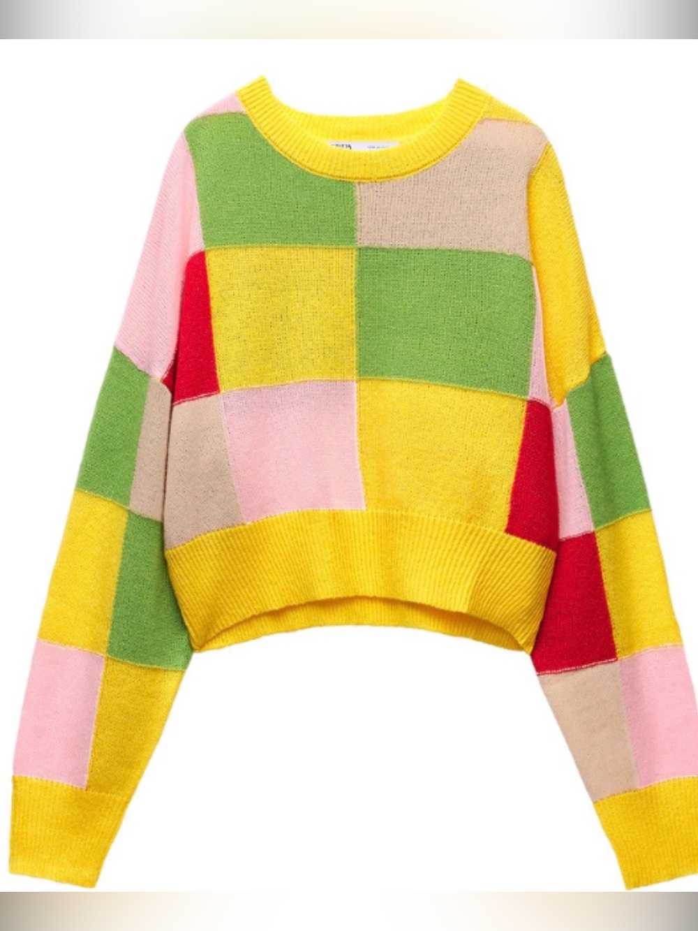 ZARA Patchwork Colorblock Crewneck Sweater in Yellow, Pink & Green